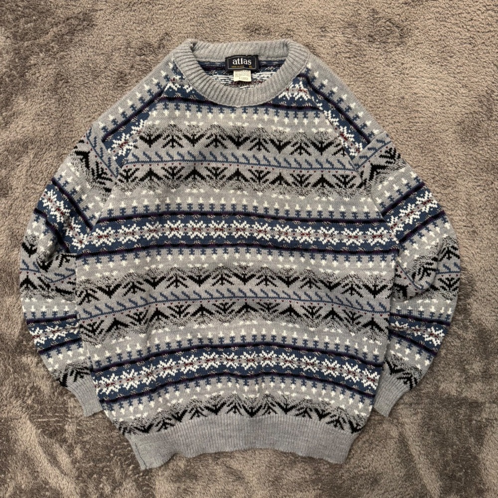 Vintage Atlas Fair Isle Crewneck Sweater Mens XL Grey Blue Geometric Made in USA